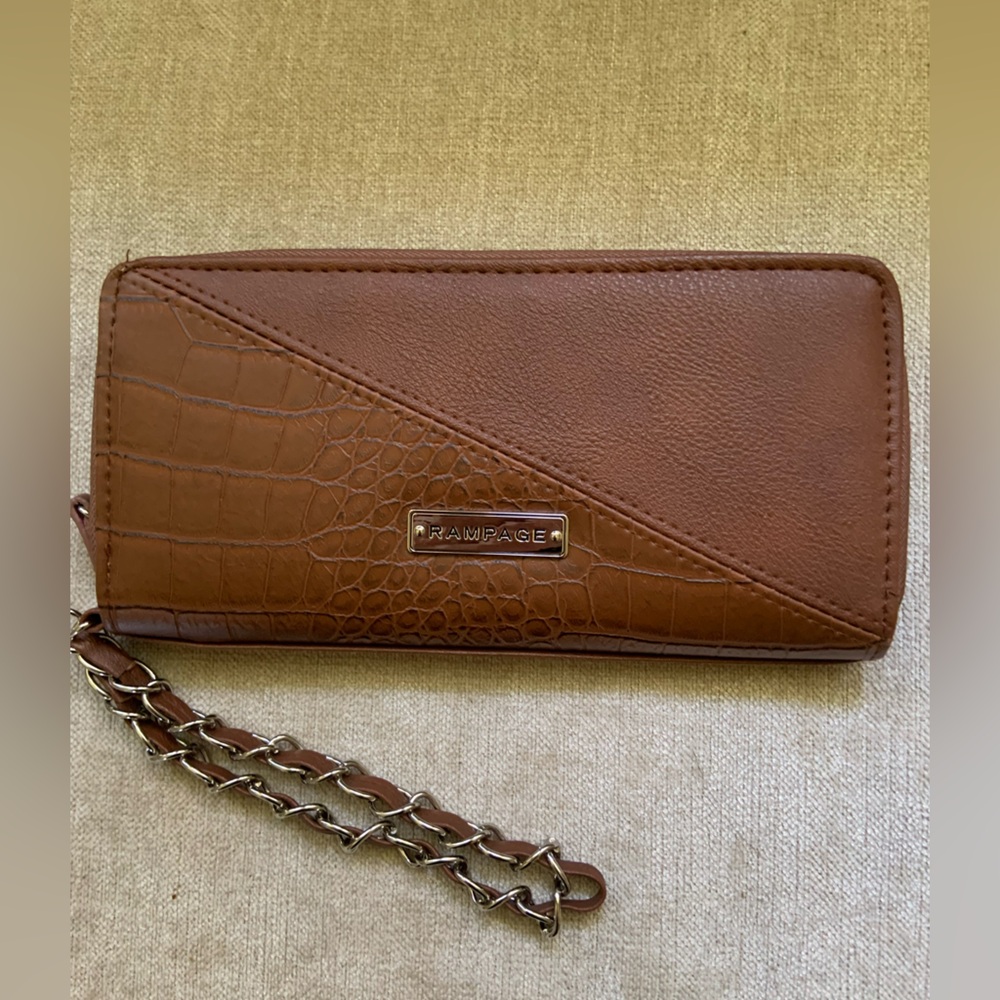 Rampage Brown Faux Leather Zip Wallet with Chain Wristlet